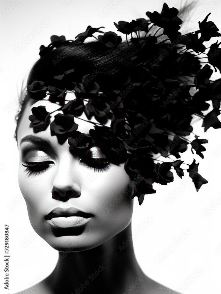 Portrait of a woman with close eyes and a floral headpiece, featuring black blooms against a white backdrop. Concept: Ideal for a beauty and fashion editorial, floral arrangement, black white photo