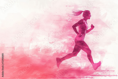 Athletic athlete in action, woman pink watercolor with copy space