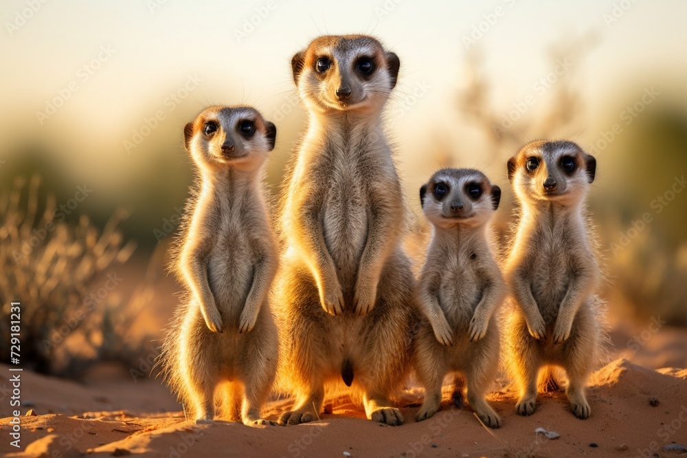 : A family of meerkats standing upright on a sandy plain, keeping a watchful eye on their surroundings. : A family of meerkats standing upright on a sandy plain, keeping a watchful eye on their surroundings.
