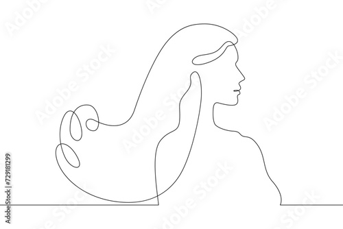 Girl with luxury long hair. Hair blowing in the wind. Portrait profile of a woman. Women's hairstyle. One continuous line drawing. Linear. Hand drawn, white background. One line