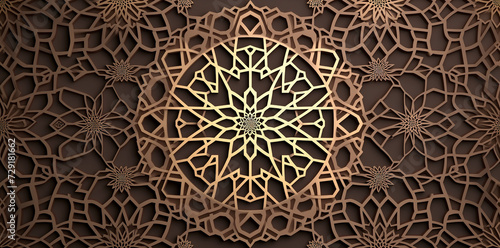 A mesmerizing design featuring intricate Arabesque geometric patterns set against a rich brown background, evoking a sense of cultural elegance and artistic sophistication. photo