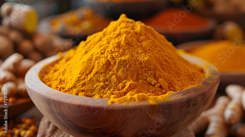 A photo of turmeric powder, with vibrant yellow tones as the background, during a traditional Indian cooking demonstration