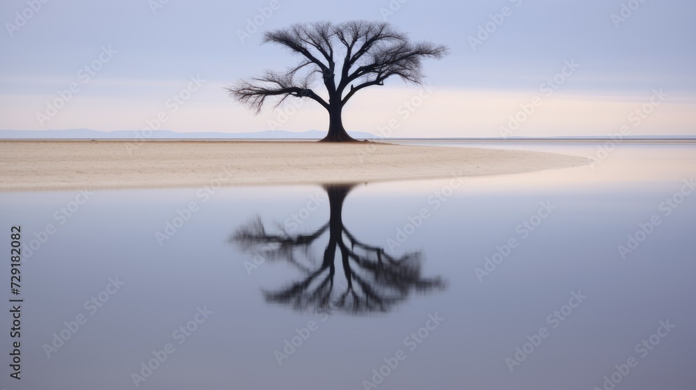 a solitary tree standing on a sandbar, reflection in the still water. ideal for mindfulness applications, meditative spaces, or as a metaphor for introspection and balance in life a solitary tree standing on a sandbar, reflection in the still water. ideal for mindfulness applications, meditative spaces, or as a metaphor for introspection and balance in life
