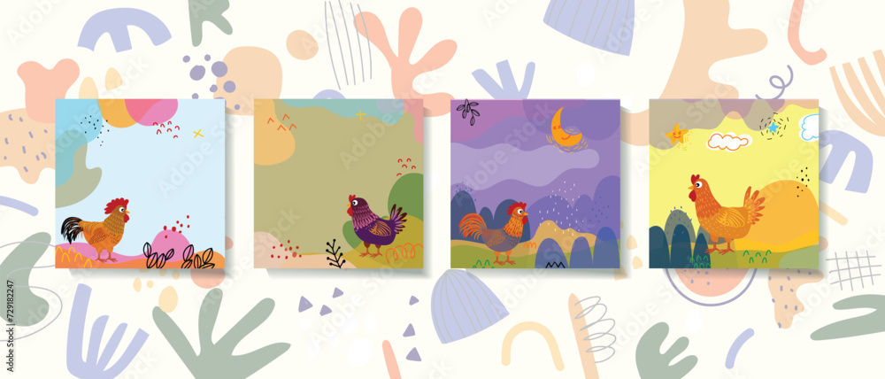 Set of cartoon chicken, hen and rooster poultry farm animal collection with colorful background vector illustration.