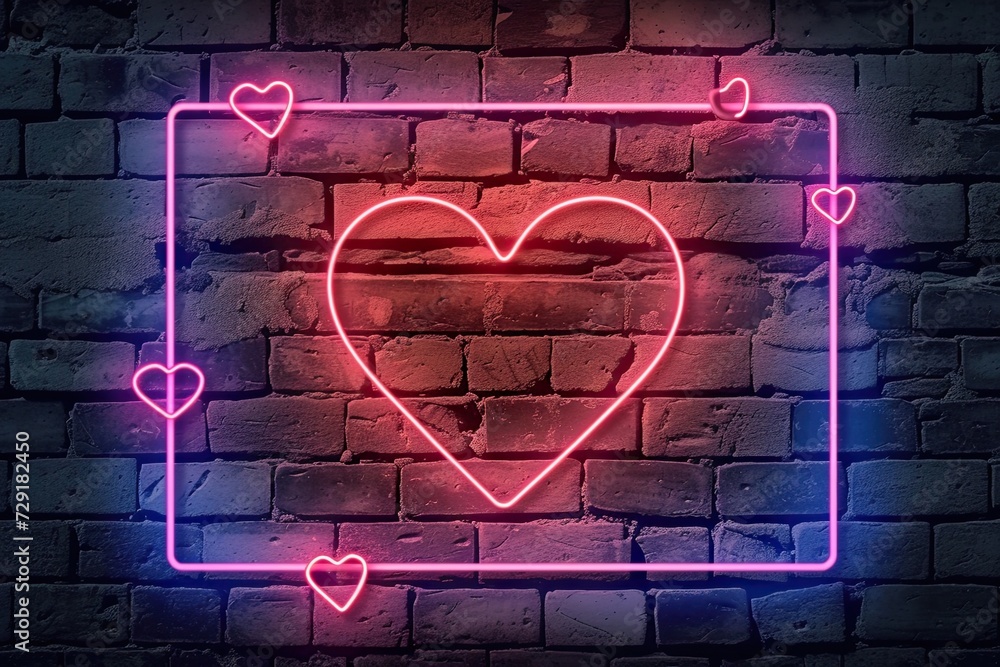 Radiant neon heart shaped frame rustic brick wall background for Valentine Day messages and romantic celebrations electric symbol of love glows brightly offering striking contrast to dark backdrop Radiant neon heart shaped frame rustic brick wall background for Valentine Day messages and romantic celebrations electric symbol of love glows brightly offering striking contrast to dark backdrop