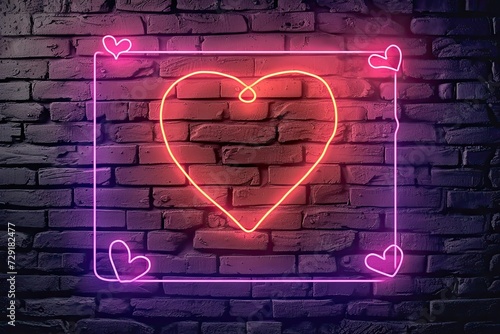 Radiant neon heart shaped frame rustic brick wall background for Valentine Day messages and romantic celebrations electric symbol of love glows brightly offering striking contrast to dark backdrop