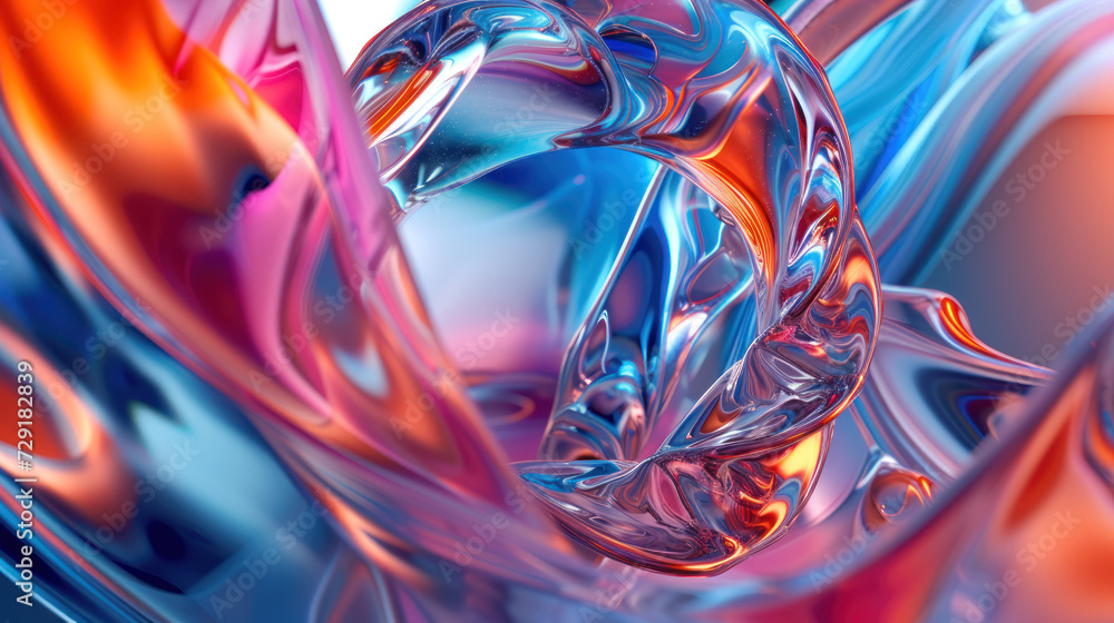 Abstract 3D colorful arrangement of swirly glass tubes, in style of photorealistic compositions, fluidity, dark table processing, irregular shapes, clear colors, multilayered