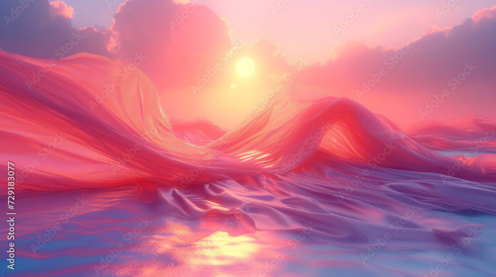 3D abstract silk cloth floating in pastel sunset landscape. Futuristic cyberpunk hyper realism details reflective holographic flow silk. peaceful calm background concept. 3D abstract silk cloth floating in pastel sunset landscape. Futuristic cyberpunk hyper realism details reflective holographic flow silk. peaceful calm background concept.