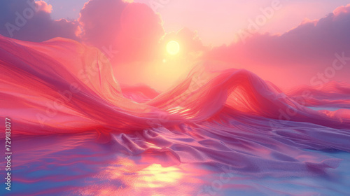 3D abstract silk cloth floating in pastel sunset landscape. Futuristic cyberpunk hyper realism details reflective holographic flow silk. peaceful calm background concept.