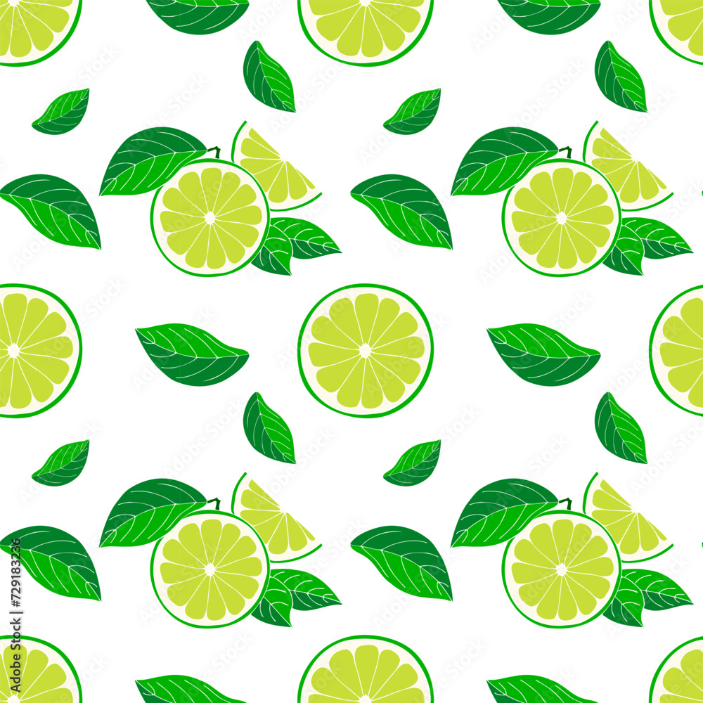 Seamless pattern of freshly sliced Limes and green leaves on white background.