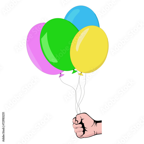 Ensemble de quatre ballons remplis d'hélium de différentes couleurs tenus par une main: bleu, vert, jaune, violet