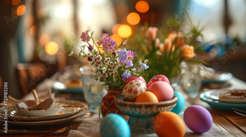 Easter table scene with colored eggs and fresh flowers