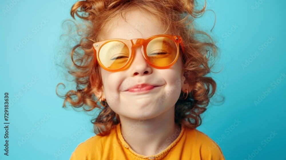 A young girl with curly red hair wearing orange glasses smiling with her eyes closed and dressed in a yellow top against a blue background. A young girl with curly red hair wearing orange glasses smiling with her eyes closed and dressed in a yellow top against a blue background.