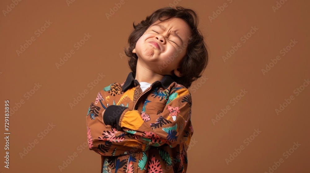 A young child with a playful facial expression wearing a vibrant patterned shirt with their arms crossed and head tilted back against a warm neutral background. A young child with a playful facial expression wearing a vibrant patterned shirt with their arms crossed and head tilted back against a warm neutral background.