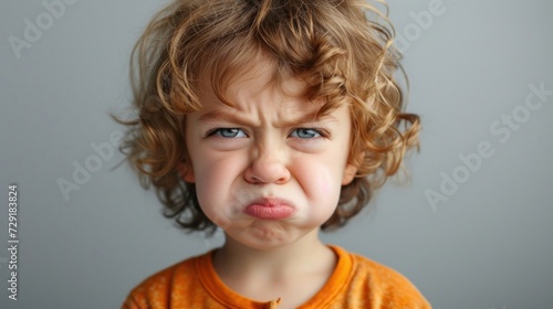 A young child with curly hair wearing an orange shirt making a pouty face with furrowed eyebrows and a slight frown.
