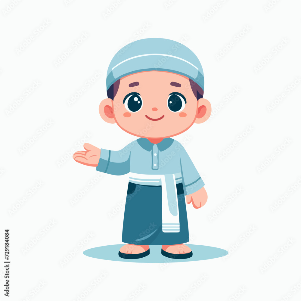 cute little muslim boy waving hand cartoon vector illustration