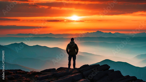 A lonely figure of a man standing on a high mountain. Man watching red sunset sky and misty mountains  victory concept  climbing to the top.