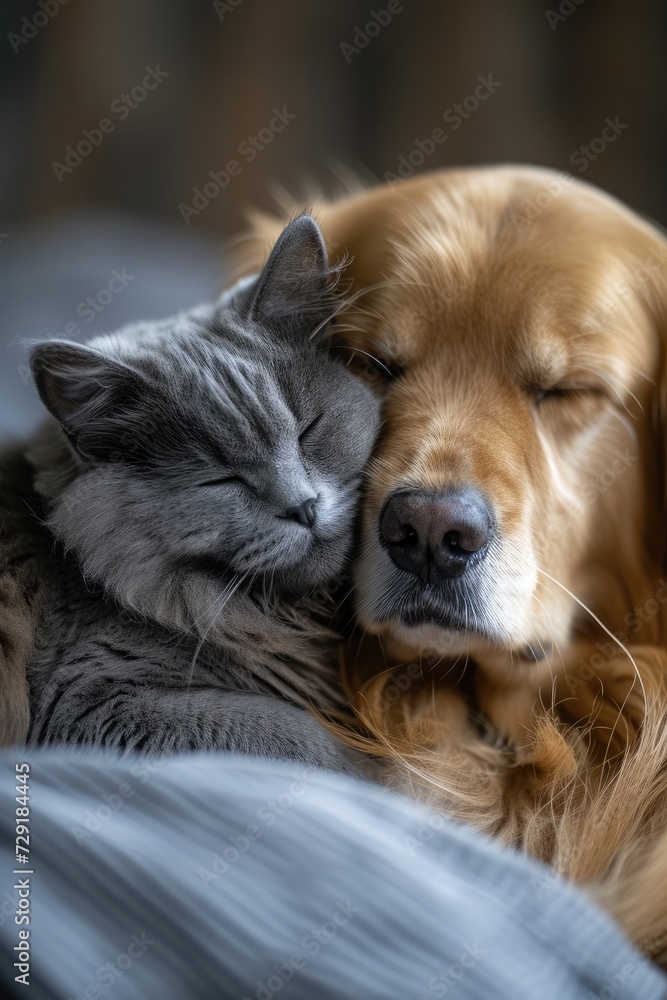 British cat and Golden Retriever together British cat and Golden Retriever together