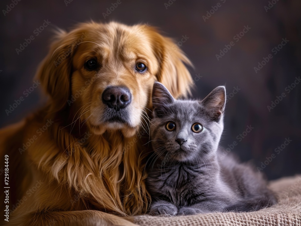 British cat and Golden Retriever together