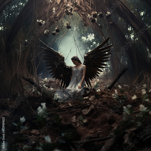 An angel with wings in the magic forest