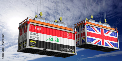 Shipping containers with flags of Iraq and United Kingdom - 3D illustration