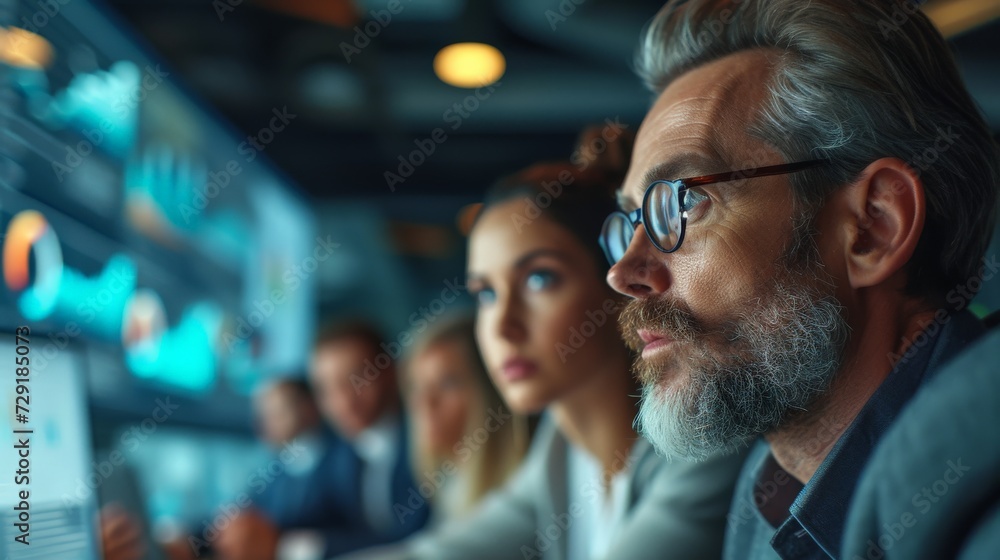 A business team with intense focus analyzes complex data visualizations on a computer monitor in a corporate setting.