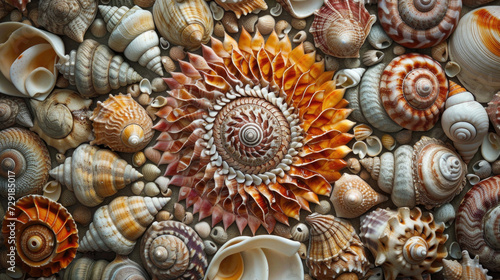 A vibrant eco-mosaic composed entirely of seashells, celebrating the beauty of the ocean