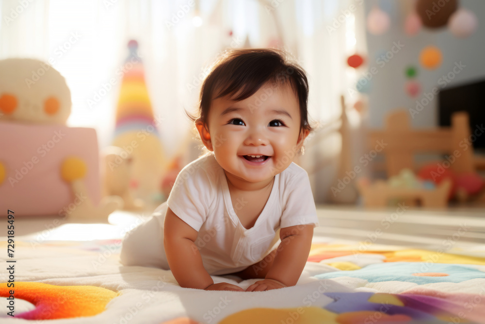 Happy Asian Baby Playing on Colorful Blanket