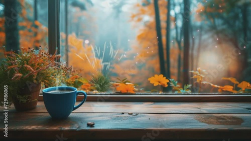 view of a coffee cup near the window. seamless looping time-lapse animation video background photo