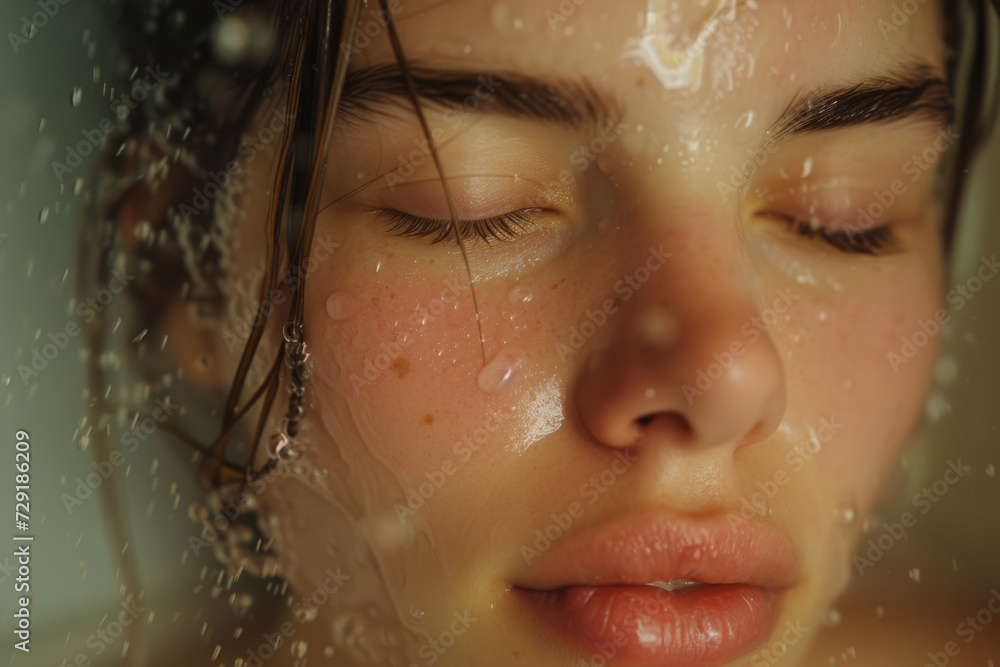 The tranquil beauty of a young woman's face bathed in the gentle shower spray