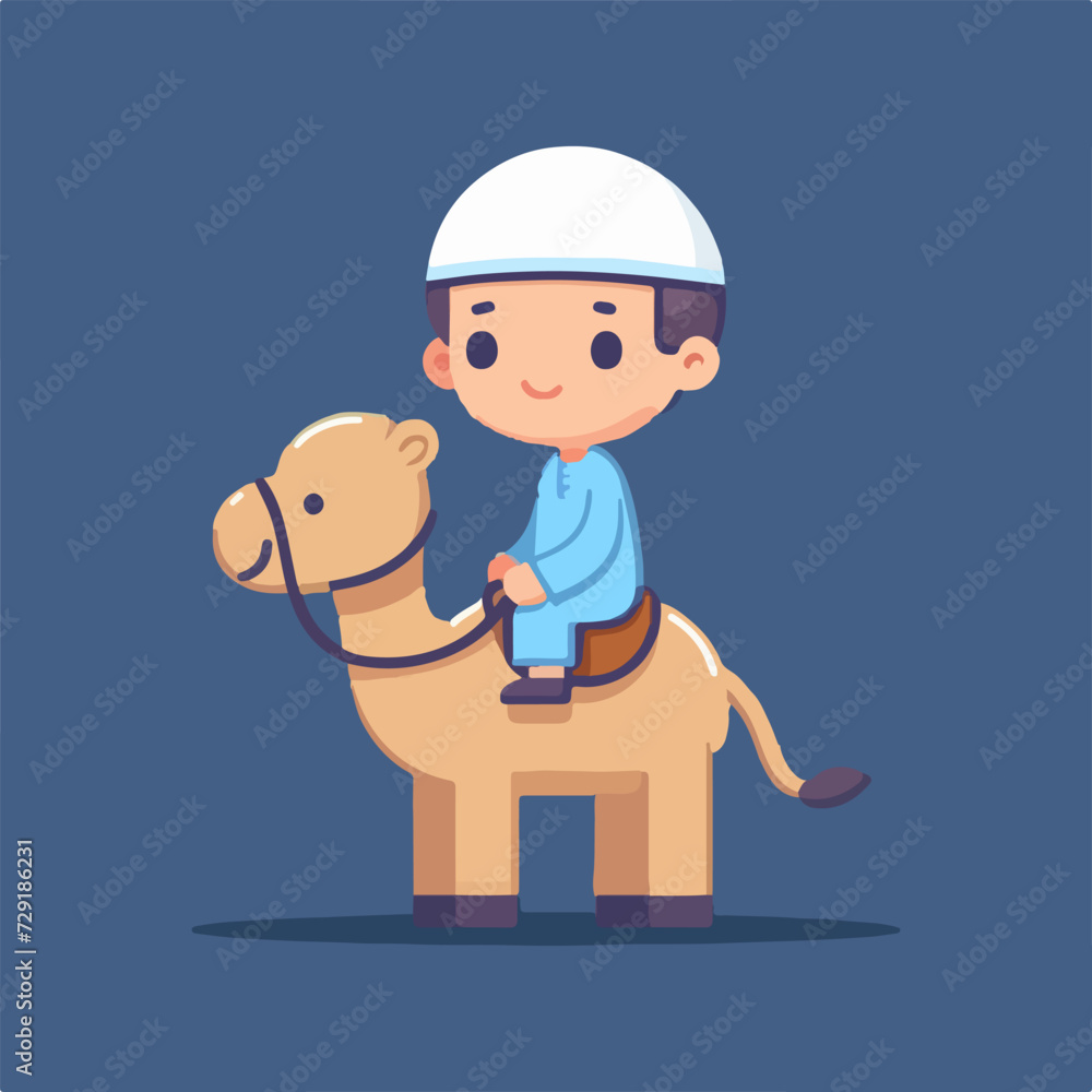 cute muslim boy riding camel on eid day cartoon vector illustration