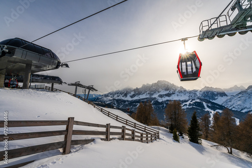 Ski Gondola lift in the Three Peaks (Drei Zinnen) ski resort in the UNESCO World Heritage site Dolomites in Italy.  photo
