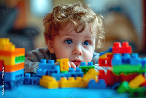 Pensive toddler boy playing with colorful children's construction set indoor. Children's games and childhood