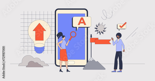 Local SEO and website search engine optimization based on location retro tiny person concept. Marketing campaign with advertisement management vector illustration. Targeted social media ads content.