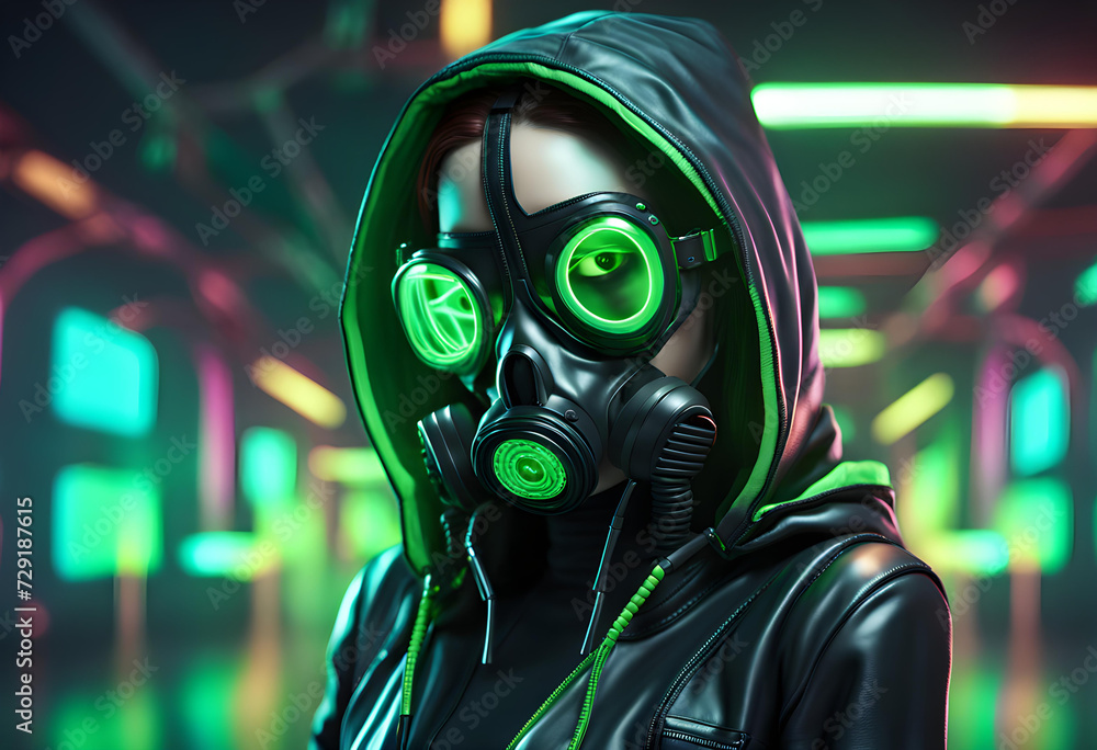 Fashion cyberpunk girl in leather black hoodie Fashion cyberpunk girl in leather black hoodie