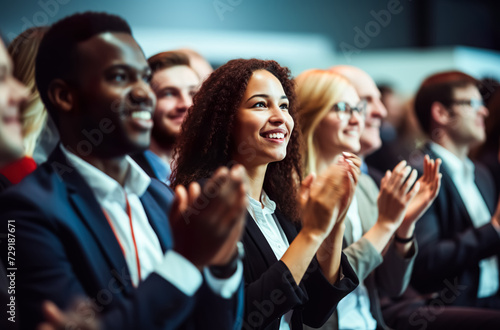 Business motivation concepts or success moments with group people smiling and clapping hand in company meeting or award ceremony.encouragement and challenge .