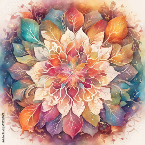  Circular mandala made with colorful leaves.