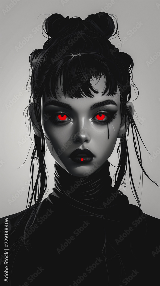 Monochrome Portrait of a Woman With Striking Red Eyes and Dark Attire. Halloween concept.
