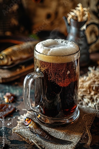 A mug of dark frothy beer. Blurred background with snacks.