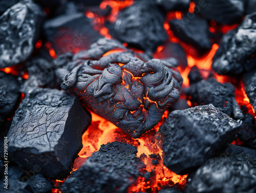 Intense fire with glowing coals and vibrant flames, capturing the heat and energy of burning charcoal in a dark, dramatic background