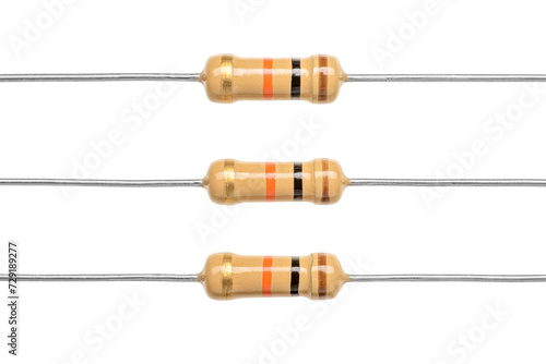 Carbon film resistors isolated. Macro shot of electronic components. Transparent PNG image.