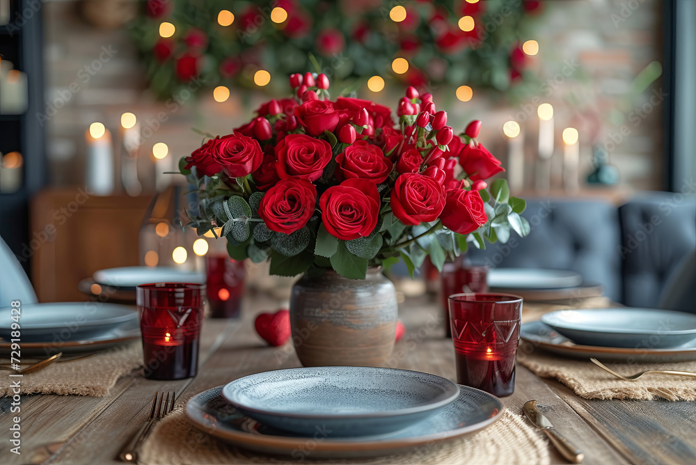 Romantic table setting with red roses in vase on the table