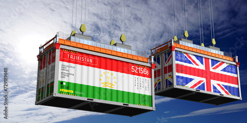 Shipping containers with flags of Tajikistan and United Kingdom - 3D illustration
