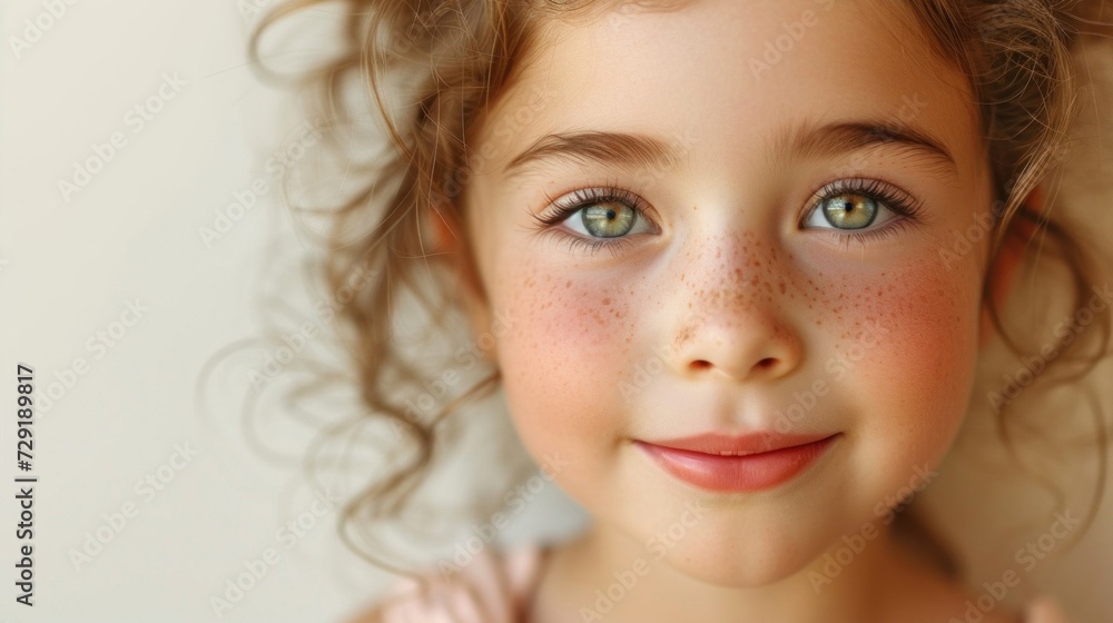A close-up portrait of a young girl with rosy cheeks sparkling eyes and curly hair exuding a sense of innocence and joy. A close-up portrait of a young girl with rosy cheeks sparkling eyes and curly hair exuding a sense of innocence and joy.