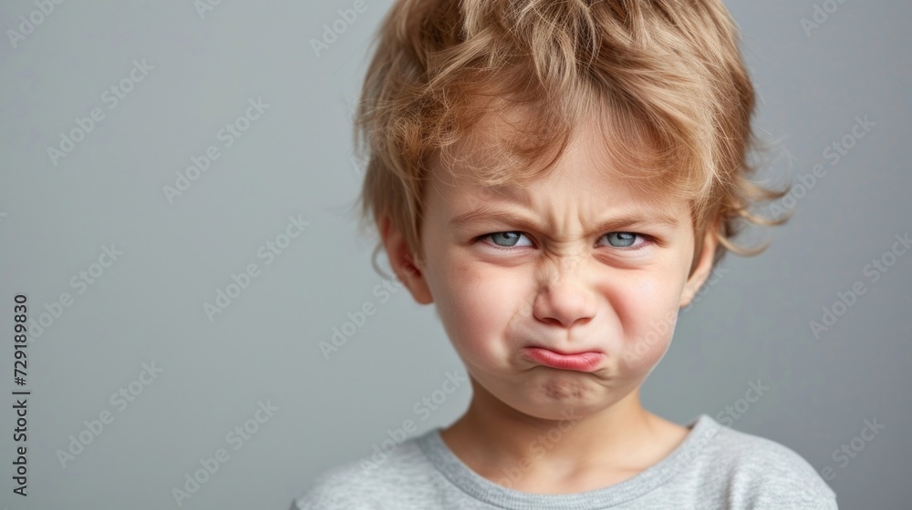 A young boy with a pensive or displeased expression featuring a furrowed brow and a slight frown with light-colored hair and a gray t-shirt. A young boy with a pensive or displeased expression featuring a furrowed brow and a slight frown with light-colored hair and a gray t-shirt.