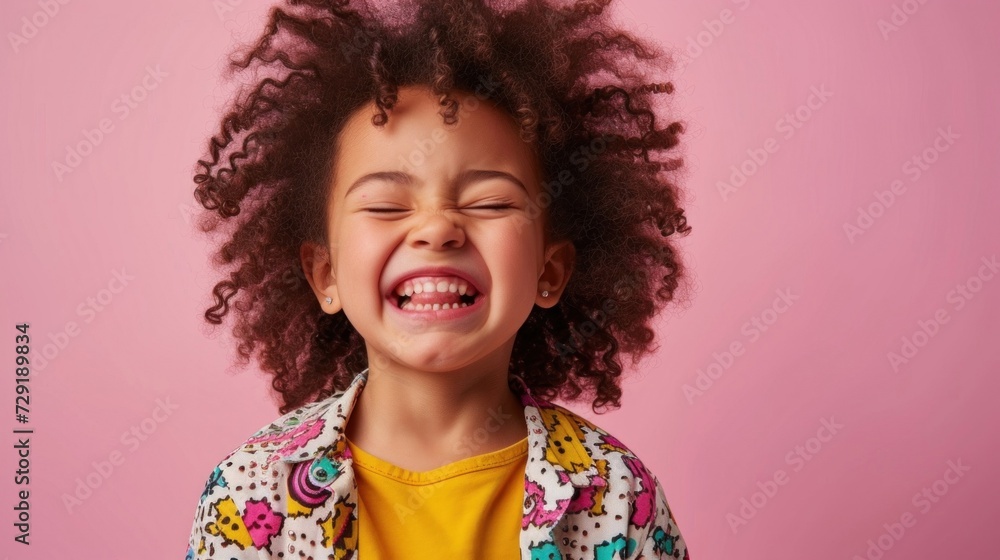 A joyful young girl with curly hair smiling broadly with her eyes closed wearing a colorful patterned jacket over a yellow top against a soft pink background. A joyful young girl with curly hair smiling broadly with her eyes closed wearing a colorful patterned jacket over a yellow top against a soft pink background.