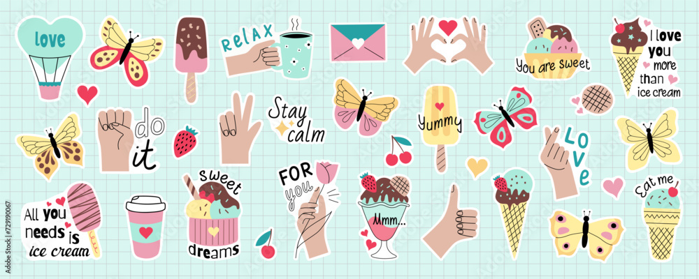 Set of cute vector stickers for daily planner and journal. Collection of scrapbooking design elements: hand gesture, butterfly, ice-cream, motivational phrases Set of cute vector stickers for daily planner and journal. Collection of scrapbooking design elements: hand gesture, butterfly, ice-cream, motivational phrases