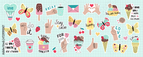 Set of cute vector stickers for daily planner and journal. Collection of scrapbooking design elements: hand gesture, butterfly, ice-cream, motivational phrases