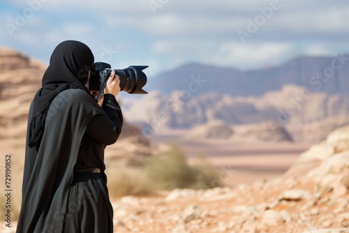 lady in abaya photographing desert landscape photo
