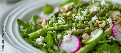 Asparagus salad with goat cheese, peas, radishes, zucchini, lettuce, and hazelnuts.